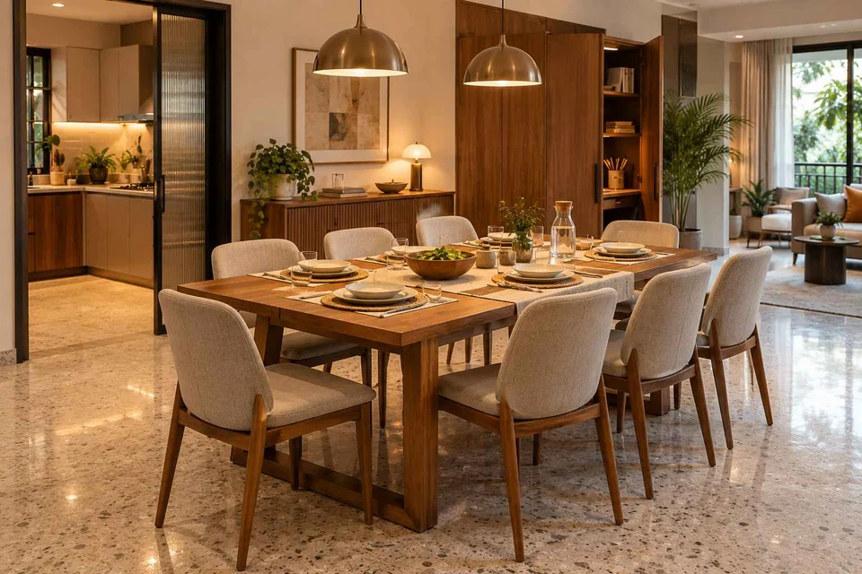 AI-generated dining-room concept: family-table dining, homework-to-dinner transition direction