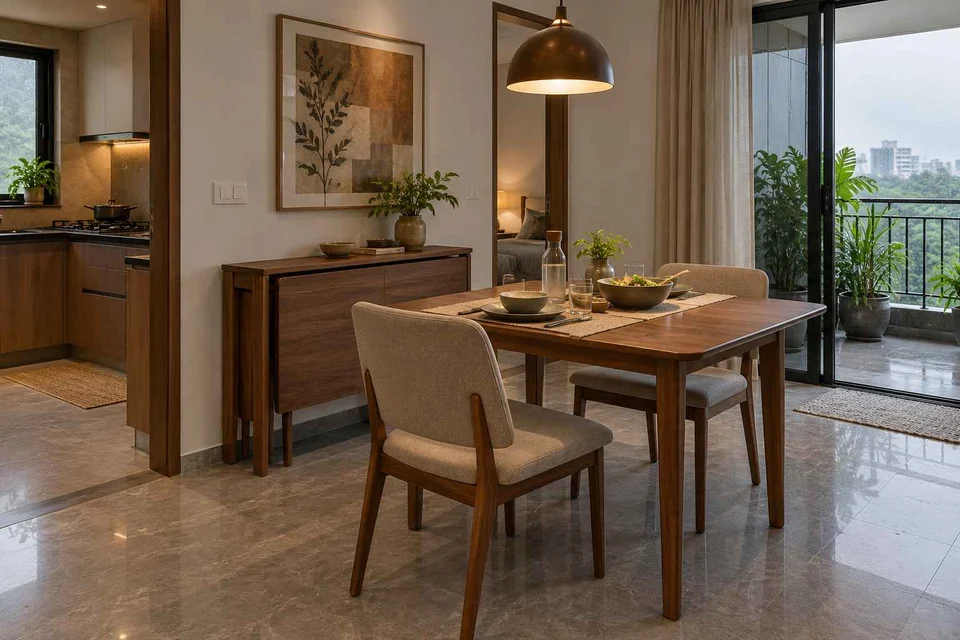 AI-generated dining-room concept: family-table dining, monsoon lunch light direction