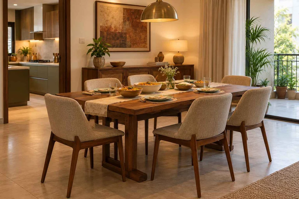 AI-generated dining-room concept: family-table dining, serving bowl sharing direction