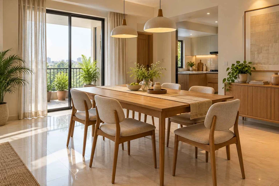 AI-generated dining-room concept: family-table dining, summer-airiness dining direction