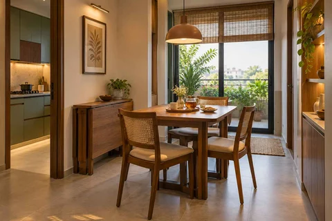 AI-generated dining-room concept: family-table dining, tea with friends direction