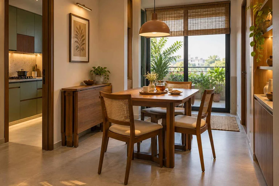 AI-generated dining-room concept: family-table dining, tea with friends direction