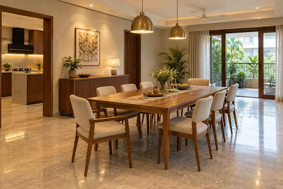 AI-generated dining-room concept: family-table dining, visiting-parents meal direction