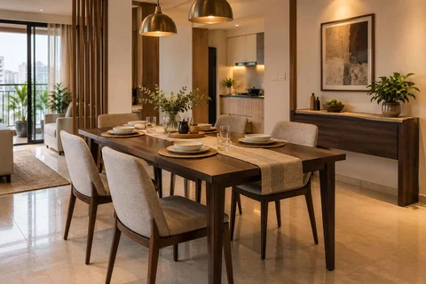 AI-generated dining-room concept: family-table dining, weeknight compact hosting direction
