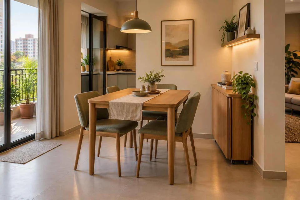 AI-generated dining-room concept: family-table dining, work-from-home reset direction