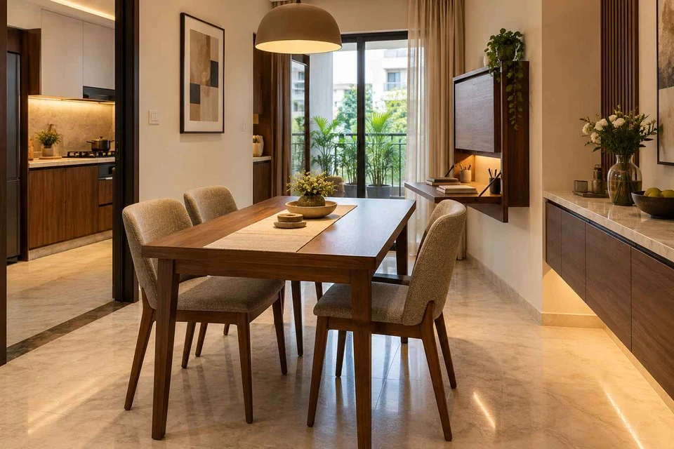 AI-generated dining-room concept: family-work dining room, buffet-side gathering direction