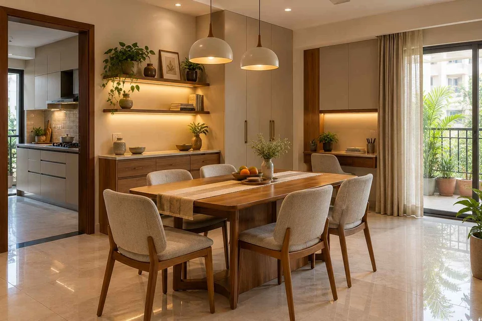 AI-generated dining-room concept: family-work dining room, children's everyday meals direction