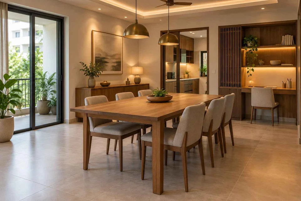 AI-generated dining-room concept: family-work dining room, clear-table daily reset direction