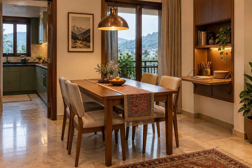 AI-generated dining-room concept: family-work dining room, cool-season family table direction