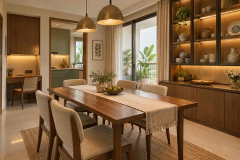 AI-generated dining-room concept: family-work dining room, crockery collection display direction