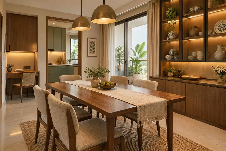 AI-generated dining-room concept: family-work dining room, crockery collection display direction