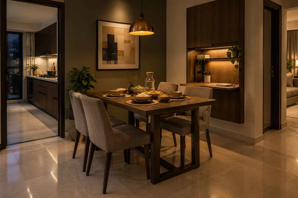 AI-generated dining-room concept: family-work dining room, evening candleless dinner direction