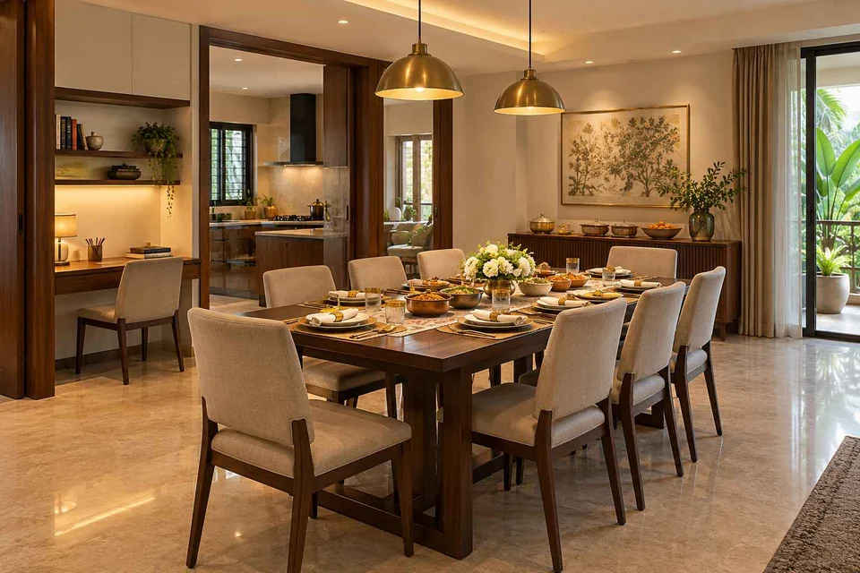 AI-generated dining-room concept: family-work dining room, festival meal preparation direction