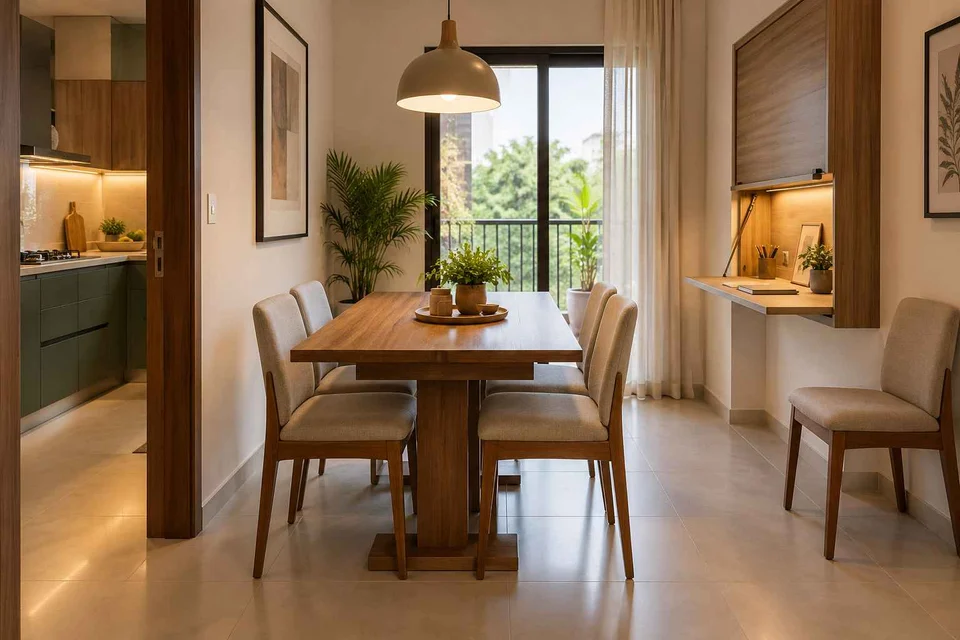 AI-generated dining-room concept: family-work dining room, flexible extra seats direction