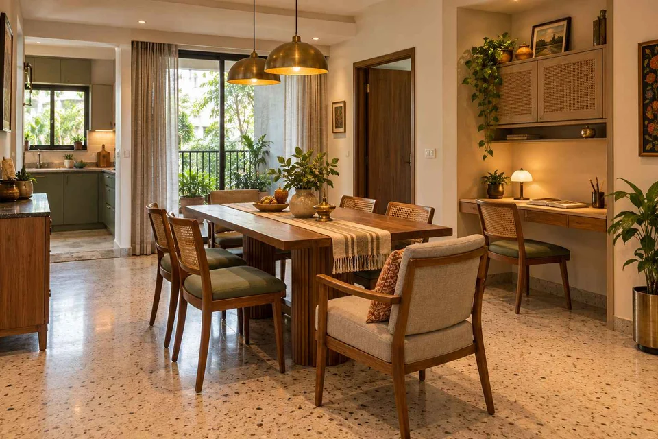 AI-generated dining-room concept: family-work dining room, grandparents and grandchildren direction