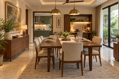 AI-generated dining-room concept: family-work dining room, guest welcome meal direction