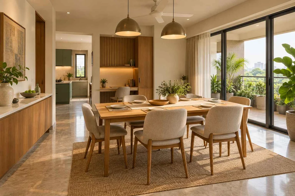 AI-generated dining-room concept: family-work dining room, homegrown herb table direction