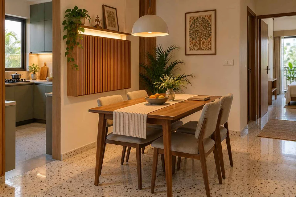 AI-generated dining-room concept: family-work dining room, homework-to-dinner transition direction