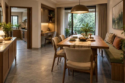 AI-generated dining-room concept: family-work dining room, monsoon lunch light direction