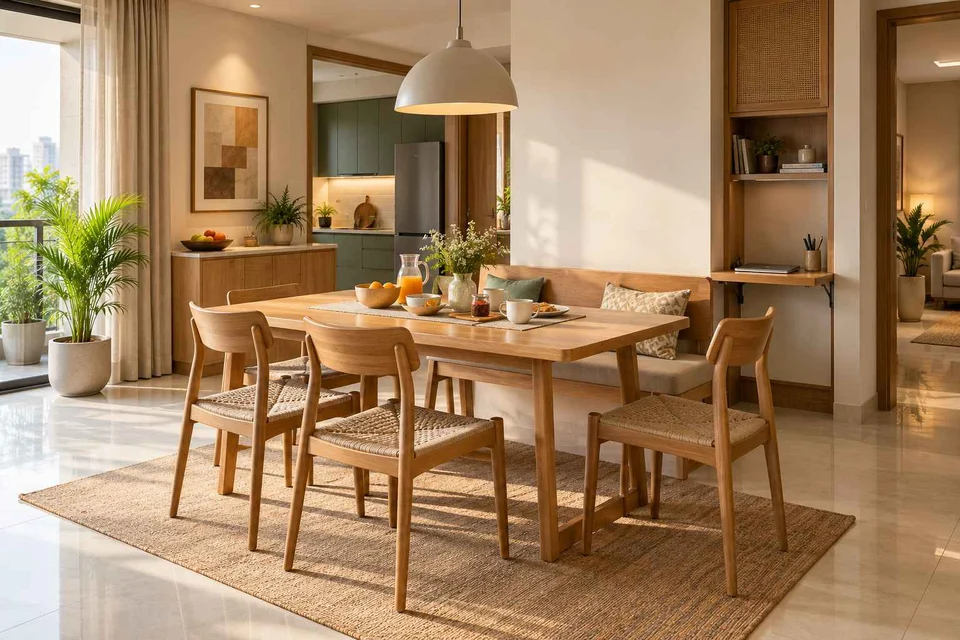 AI-generated dining-room concept: family-work dining room, morning breakfast rhythm direction