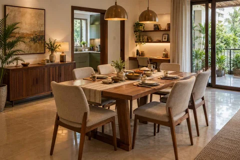 AI-generated dining-room concept: family-work dining room, serving bowl sharing direction