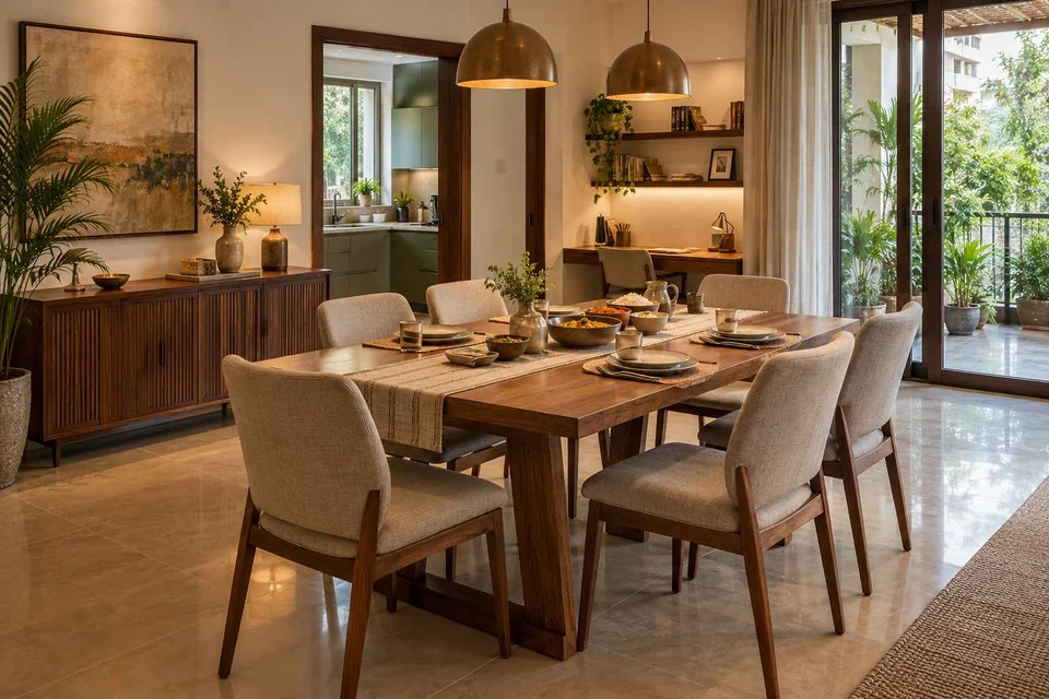 AI-generated dining-room concept: family-work dining room, serving bowl sharing direction