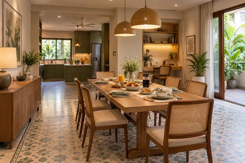 AI-generated dining-room concept: family-work dining room, slow weekend brunch direction