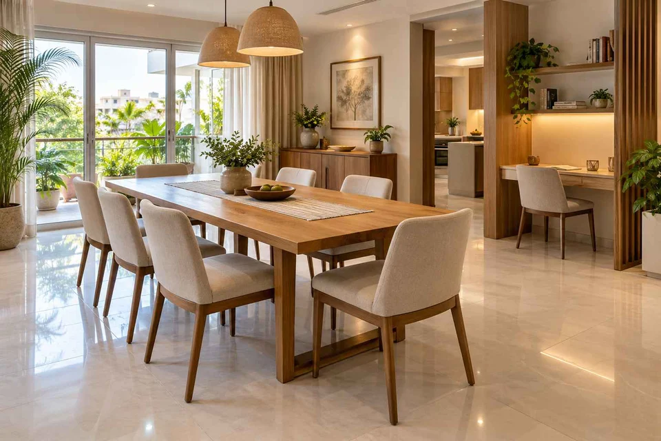 AI-generated dining-room concept: family-work dining room, summer-airiness dining direction