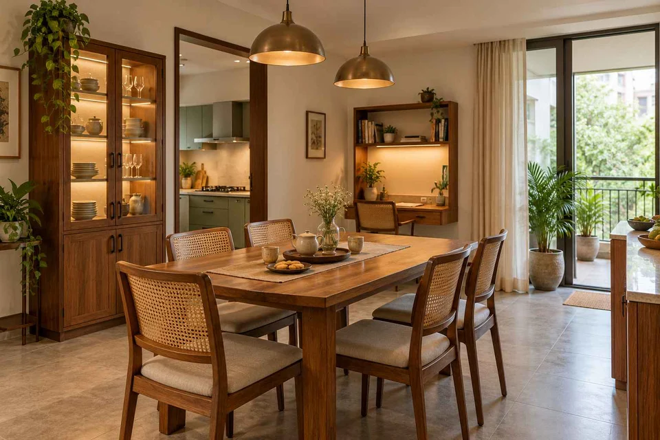 AI-generated dining-room concept: family-work dining room, tea with friends direction