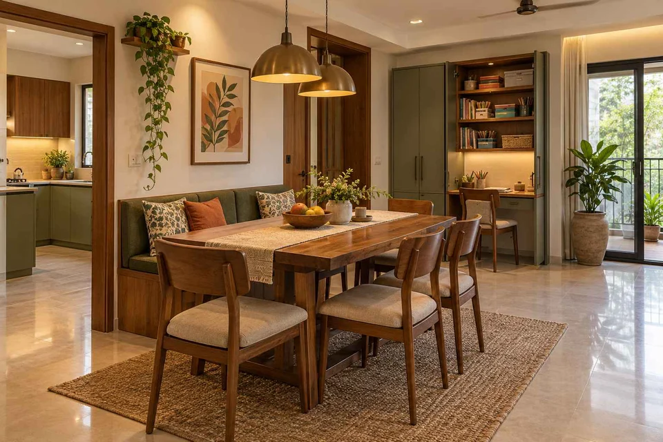 AI-generated dining-room concept: family-work dining room, weekend craft-to-meal reset direction