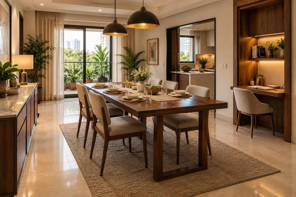 AI-generated dining-room concept: family-work dining room, weeknight compact hosting direction