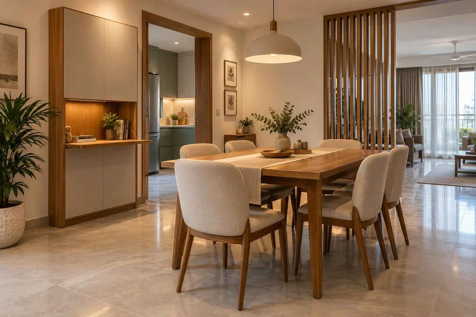 AI-generated dining-room concept: family-work dining room, work-from-home reset direction