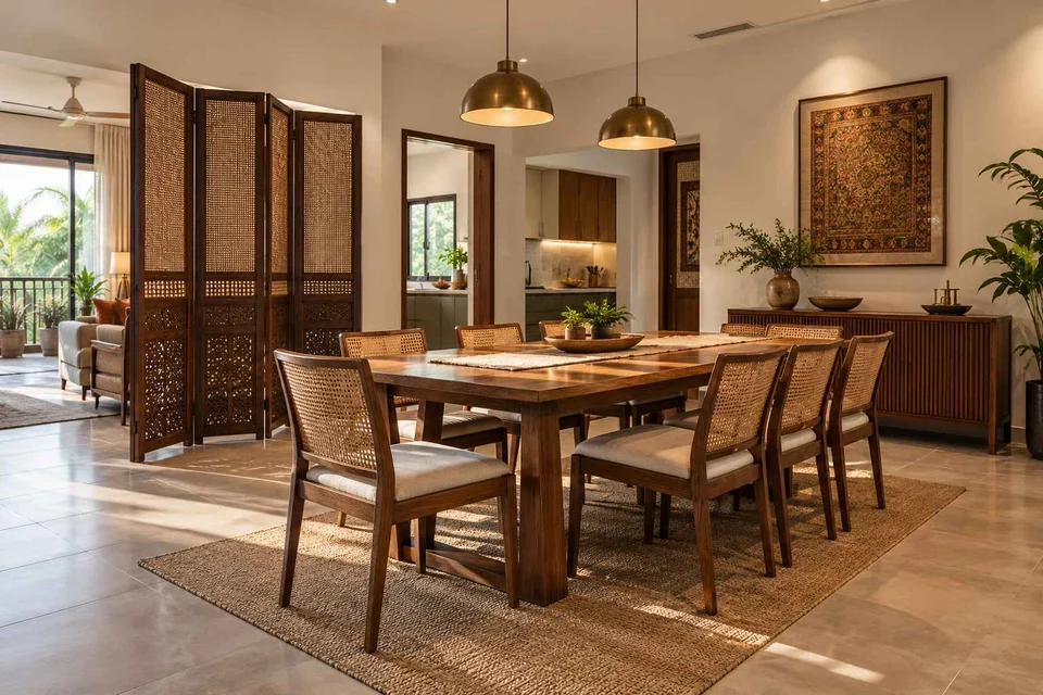 AI-generated dining-room concept: folding-screen dining, adaptable everyday dining direction