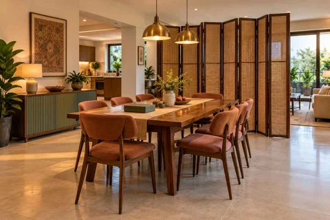 AI-generated dining-room concept: folding-screen dining, board-game supper direction
