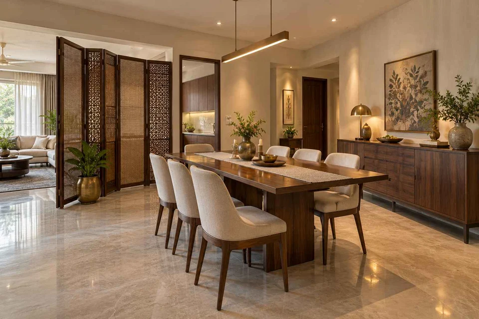 AI-generated dining-room concept: folding-screen dining, buffet-side gathering direction