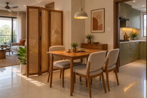 AI-generated dining-room concept: folding-screen dining, children's everyday meals direction