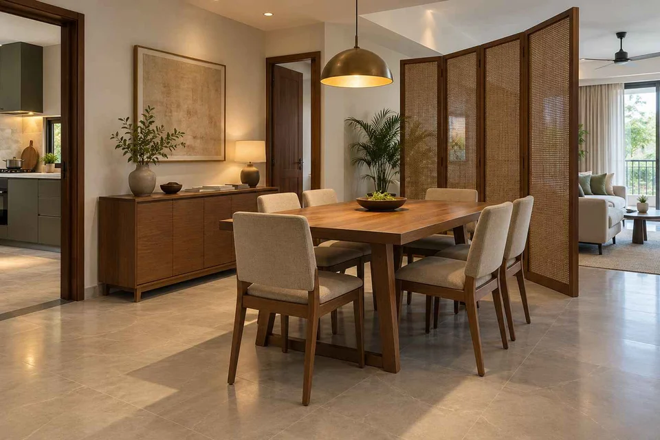 AI-generated dining-room concept: folding-screen dining, clear-table daily reset direction