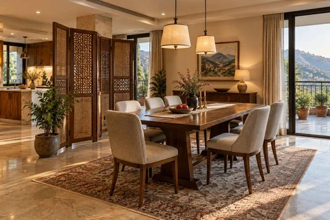 AI-generated dining-room concept: folding-screen dining, cool-season family table direction