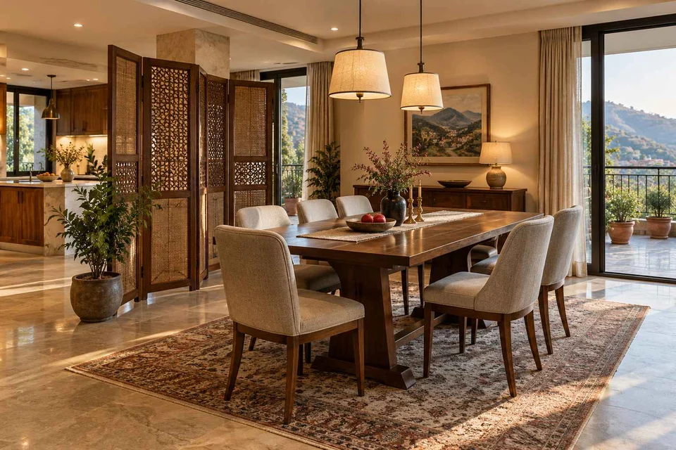 AI-generated dining-room concept: folding-screen dining, cool-season family table direction