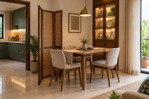 AI-generated dining-room concept: folding-screen dining, crockery collection display direction
