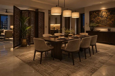 AI-generated dining-room concept: folding-screen dining, evening candleless dinner direction