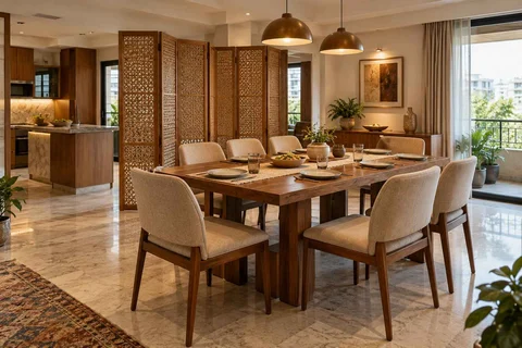 AI-generated dining-room concept: folding-screen dining, everyday family supper direction