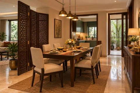AI-generated dining-room concept: folding-screen dining, festival meal preparation direction