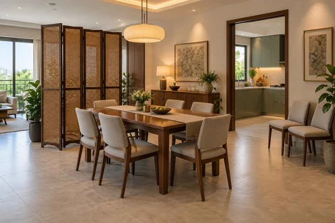 AI-generated dining-room concept: folding-screen dining, flexible extra seats direction