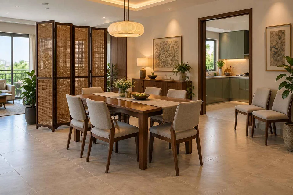 AI-generated dining-room concept: folding-screen dining, flexible extra seats direction