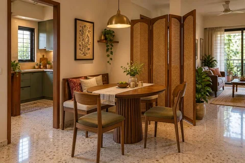 AI-generated dining-room concept: folding-screen dining, grandparents and grandchildren direction
