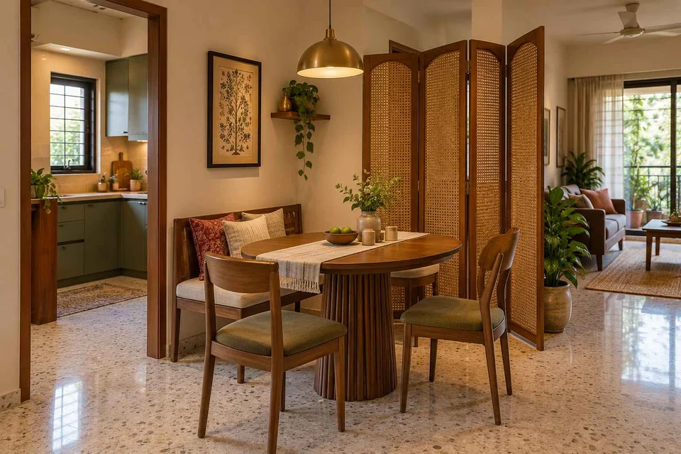AI-generated dining-room concept: folding-screen dining, grandparents and grandchildren direction