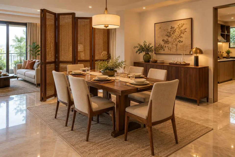 AI-generated dining-room concept: folding-screen dining, guest welcome meal direction