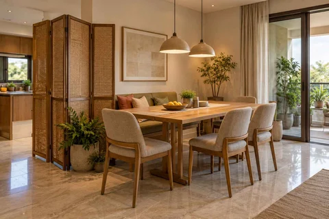 AI-generated dining-room concept: folding-screen dining, homegrown herb table direction