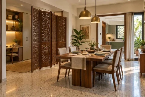 AI-generated dining-room concept: folding-screen dining, homework-to-dinner transition direction